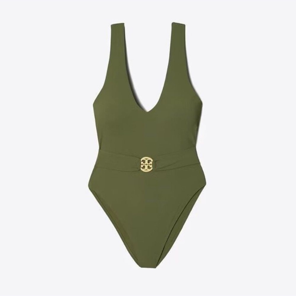 Tory Burch Miller Plunge Belted One-Piece Swimsuit- Dark Olive Green